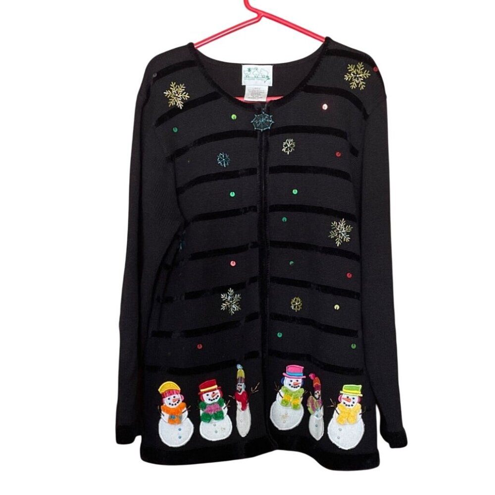 Vtg Quacker Factory Christmas Cardigan Women L w Snowman Snowflake Embellishment